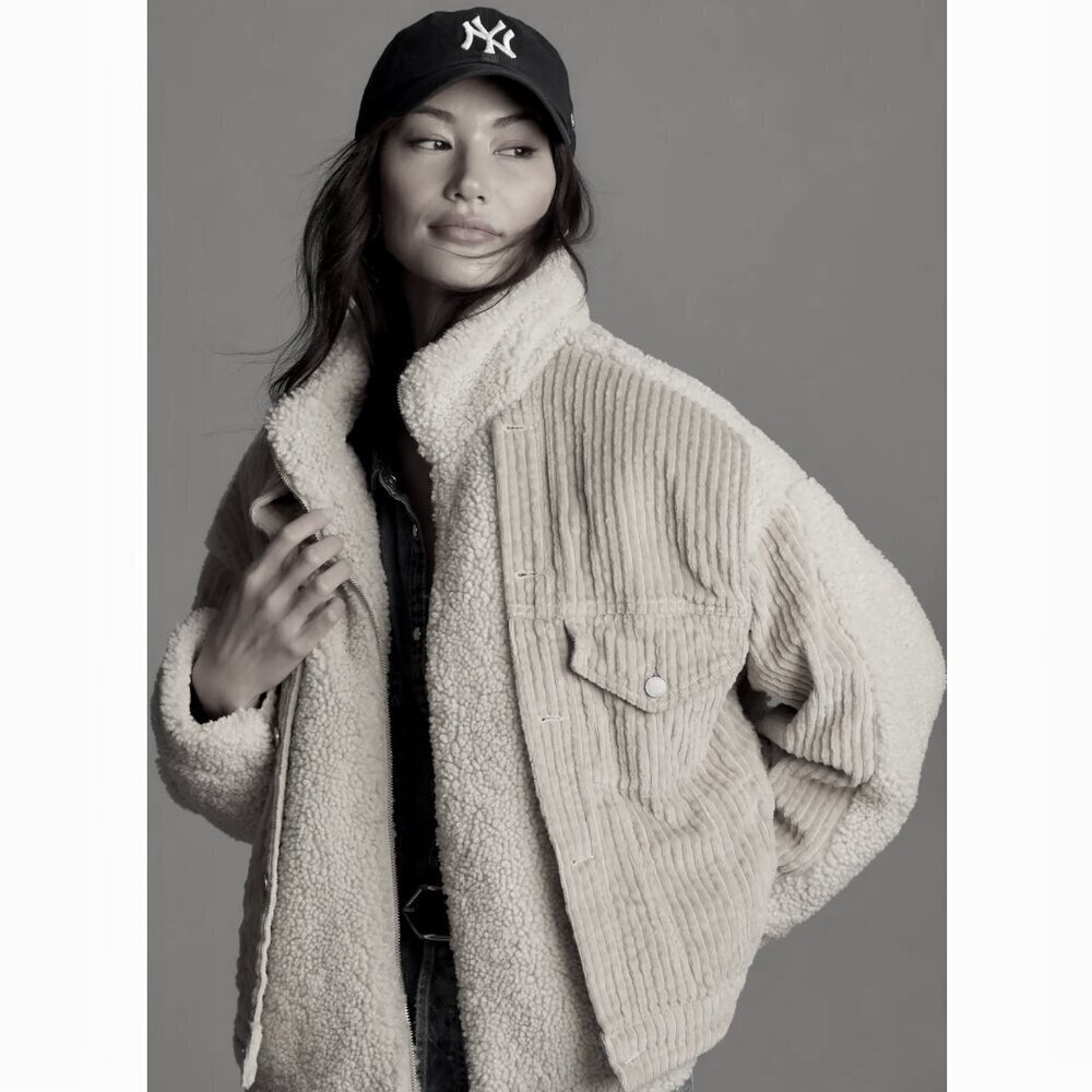 Blank NYC Fuzzy Wuzzy Corduroy Sherpa Mix Trucker Jacket Brown Tan Size Small